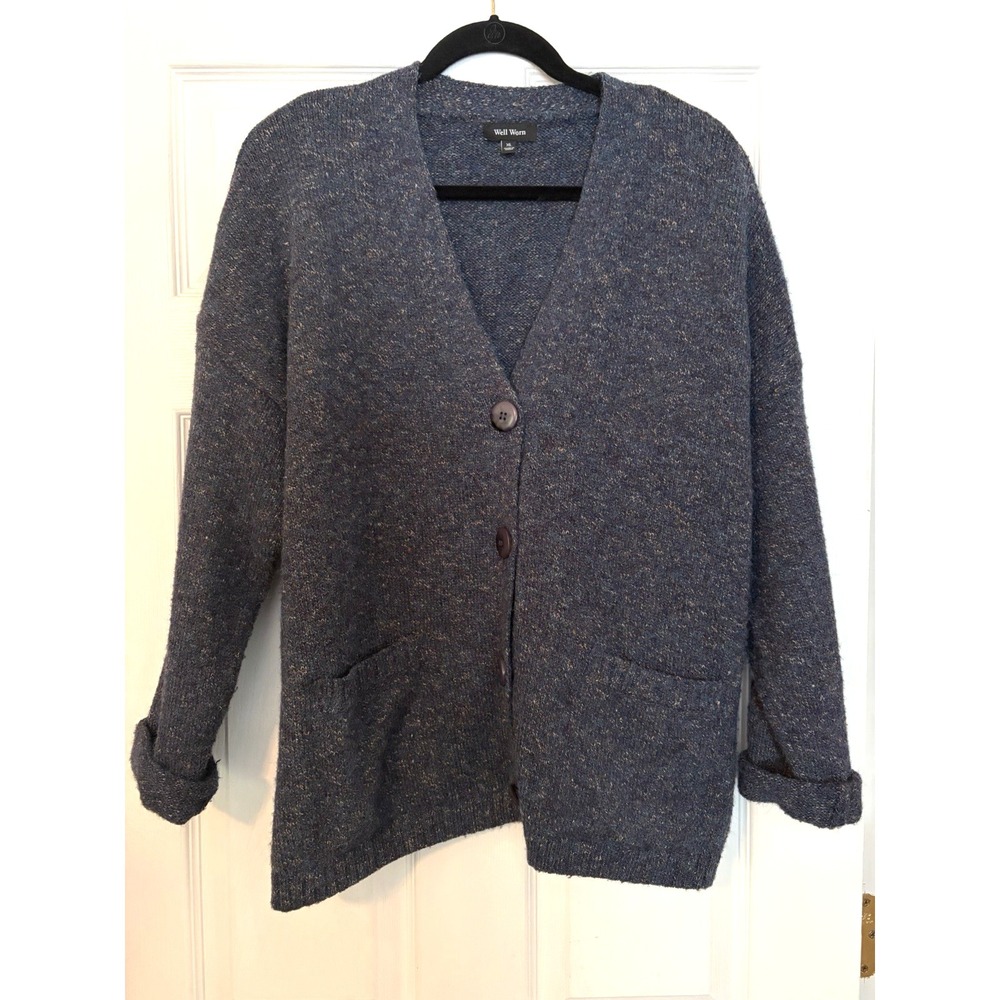 Well Worn Woman's Cardigan Sweater XL Heather Blue Button front pockets wool